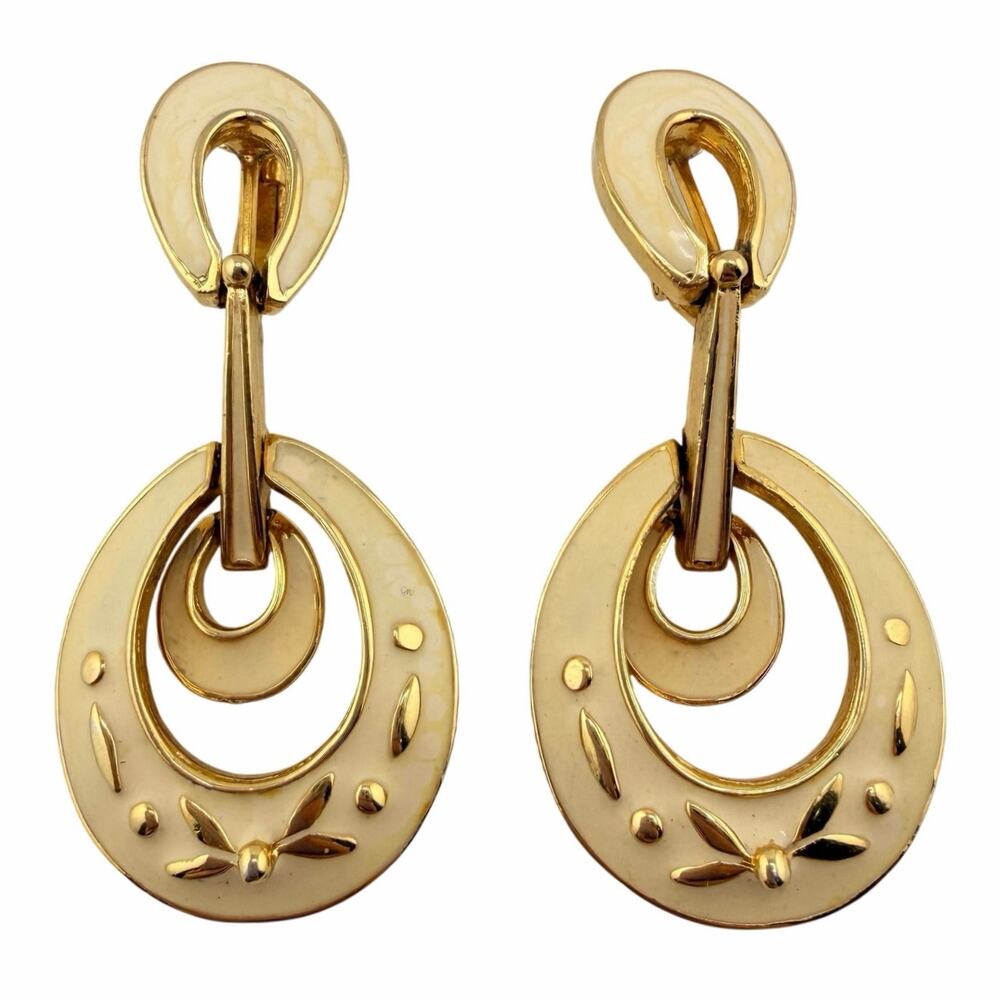 Vintage Polcini 1960s Mid Century Cream Enamel Door Knocker 2" Clip On Earrings